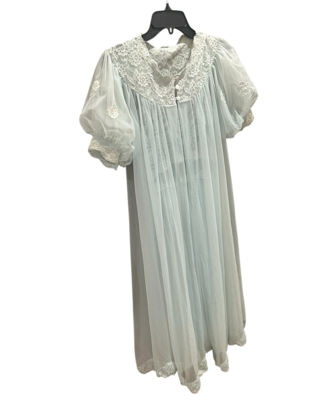 Vintage Shadowline Peignoir Robe And Nightgown Set Light Blue Floral Lace Small